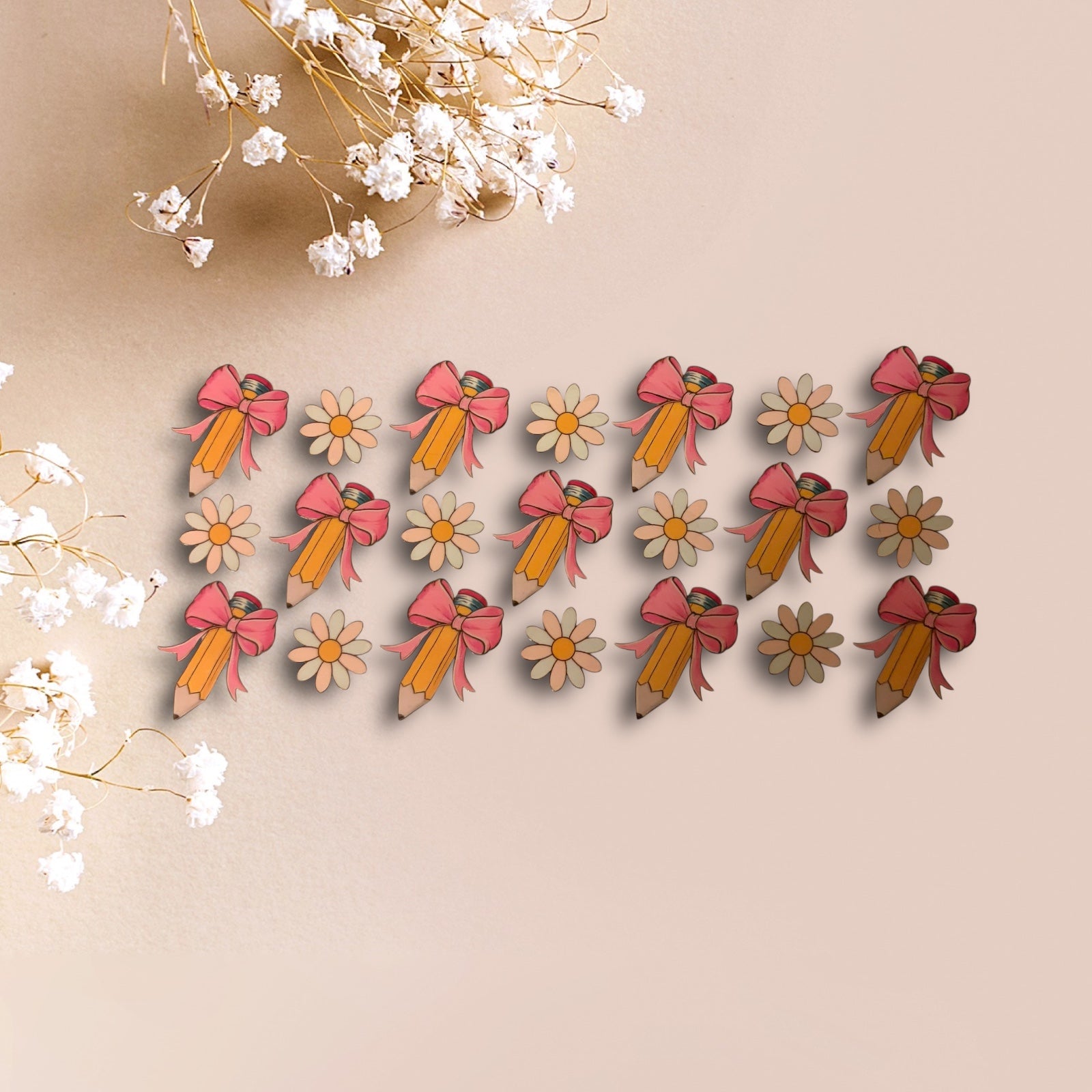 54-Pink Bow Pencil and Daisies